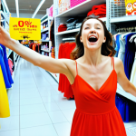 **

A vibrant, colorful shopping scene. In the foreground, a woman impulsively grabs a bright red dress from a sale rack, her face lit up with excitement. In the background, shelves are overflowing with products in various colors, strategically arranged to evoke different emotions (e.g., calming blues, energetic yellows). Subtle musical notes float in the air, and a faint, pleasant aroma seems to emanate from the scene. The overall impression is one of alluring chaos, driven by emotion and sensory stimulation.

**