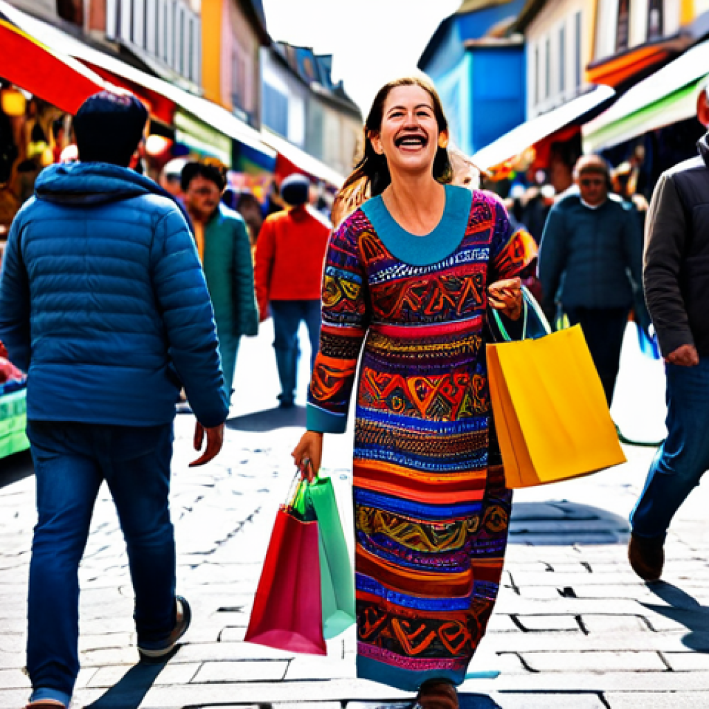 Happy Shopper**
A joyful woman in a vibrant, fully clothed outfit, carrying shopping bags in a bustling marketplace filled with colorful stalls. Safe for work, appropriate content, professional, perfect anatomy, natural proportions.
**