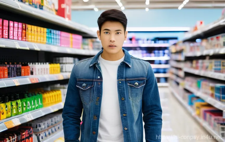 소비자 감정 피로도 - **Prompt:** A young adult, around 20 years old, male or female, stands in a brightly lit, modern ele...