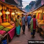 Home 22 소비자 감정과 가격 비교 - A vibrant marketplace scene in India during the evening, filled with diverse shoppers experiencing a...