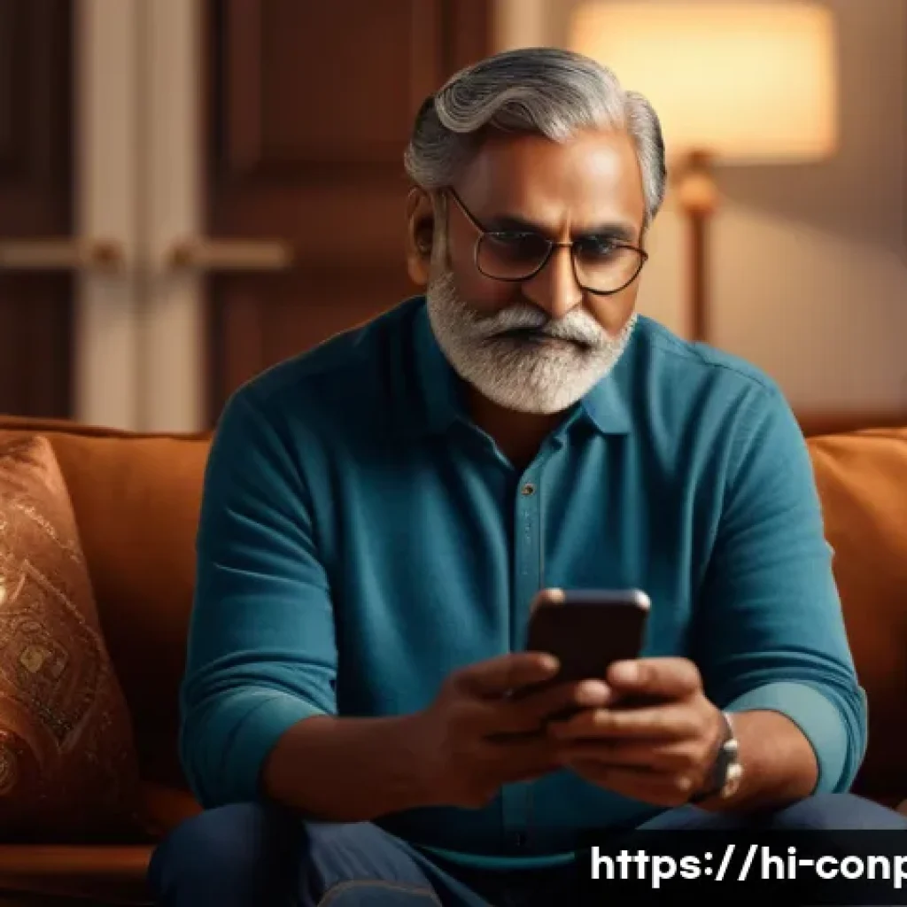 감정적 자극을 활용한 소비자 반응 - A warm, inviting scene of a middle-aged Indian man watching a heartfelt advertisement on his smartph...