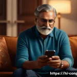 Home 19 감정적 자극을 활용한 소비자 반응 - A warm, inviting scene of a middle-aged Indian man watching a heartfelt advertisement on his smartph...
