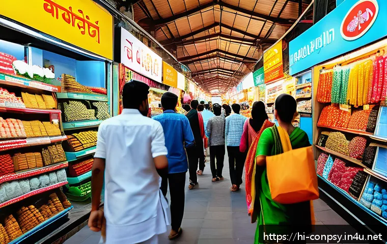소비자 감정의 경제적 영향 분석 - A vibrant Indian marketplace scene during a festive season, with diverse Hindi-speaking consumers jo...