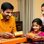 Home 23 심리적 가격 민감도와 감정의 관계 - A warm, nostalgic festival scene in an Indian household during Diwali, showing a family exchanging g...