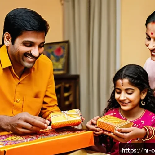 Home 17 심리적 가격 민감도와 감정의 관계 - A warm, nostalgic festival scene in an Indian household during Diwali, showing a family exchanging g...