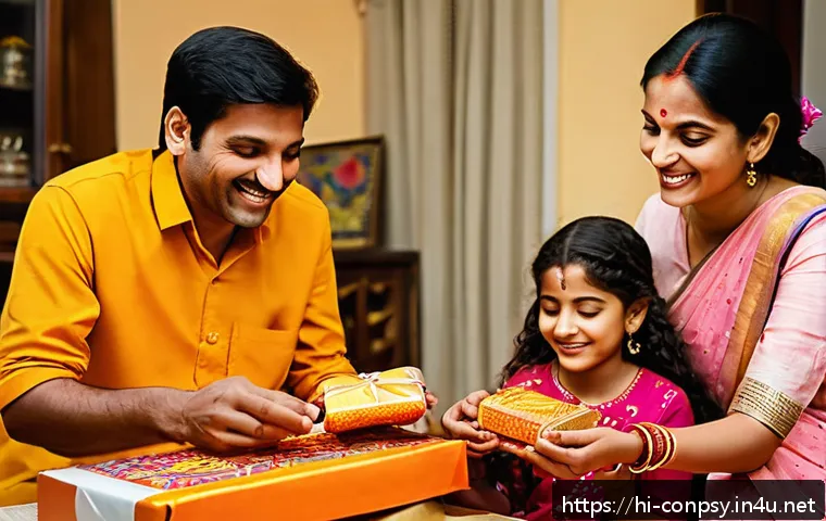 심리적 가격 민감도와 감정의 관계 - A warm, nostalgic festival scene in an Indian household during Diwali, showing a family exchanging g...