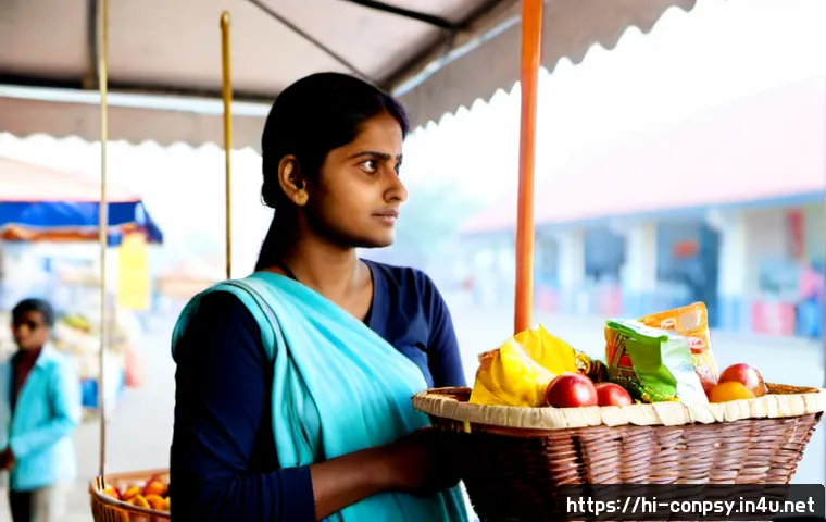 감정경제학 개념 - Photorealistic scene of a thoughtful Indian woman comparing two grocery baskets at a bright neighbor...